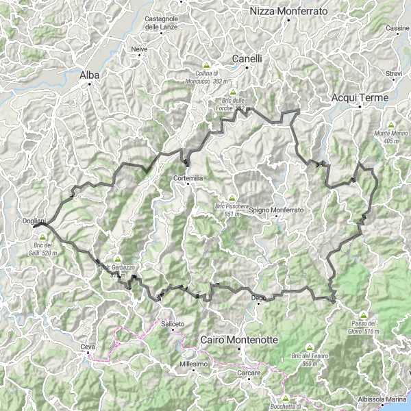 Miniature de la carte de l'inspiration cycliste "Traversée épique des collines et villages de Piémont" dans la Piemonte, Italy. Générée par le planificateur d'itinéraire cycliste Tarmacs.app