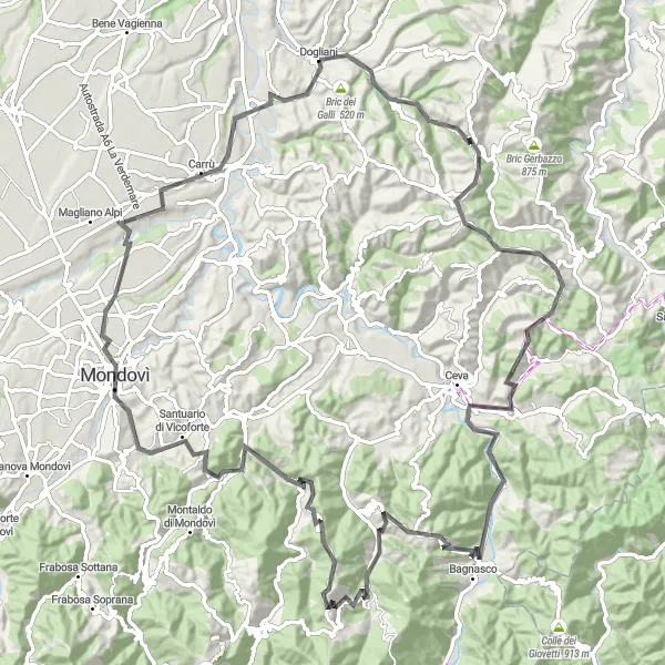 Miniatuurkaart van de fietsinspiratie "Avontuurlijke route van Dogliani naar Vicoforte" in Piemonte, Italy. Gemaakt door de Tarmacs.app fietsrouteplanner