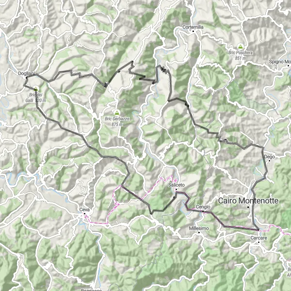 Miniatua del mapa de inspiración ciclista "Ruta de Ciclismo de Carretera Dogliani - San Martino - Levice - Murazzano - Dogliani" en Piemonte, Italy. Generado por Tarmacs.app planificador de rutas ciclistas