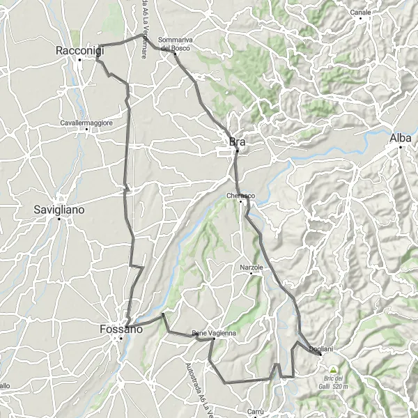 Miniatua del mapa de inspiración ciclista "Ruta por carretera a través de Piozzo, Castello Principi degli Acaja, Marene y Monchiero" en Piemonte, Italy. Generado por Tarmacs.app planificador de rutas ciclistas