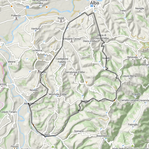 Map miniature of "Wine Country Adventure" cycling inspiration in Piemonte, Italy. Generated by Tarmacs.app cycling route planner