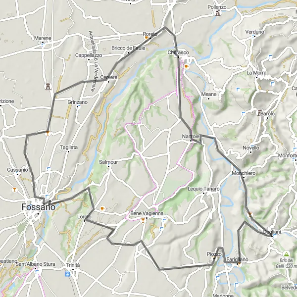 Miniatuurkaart van de fietsinspiratie "Rondrit via Farigliano en Roreto" in Piemonte, Italy. Gemaakt door de Tarmacs.app fietsrouteplanner