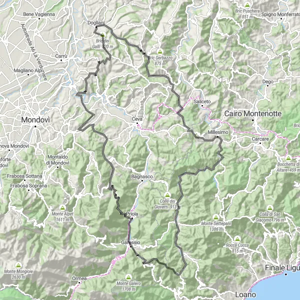 Miniatua del mapa de inspiración ciclista "Desafío Montañoso a través de Mombasiglio y Calizzano" en Piemonte, Italy. Generado por Tarmacs.app planificador de rutas ciclistas