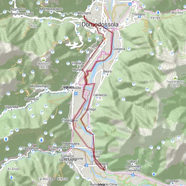 Miniatua del mapa de inspiración ciclista "Ruta de ciclismo de grava a Domodossola" en Piemonte, Italy. Generado por Tarmacs.app planificador de rutas ciclistas
