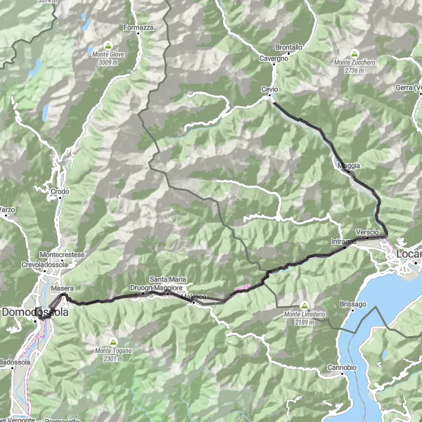 Kartminiatyr av "Rundtur till Cevio via Druogno och Avegno" cykelinspiration i Piemonte, Italy. Genererad av Tarmacs.app cykelruttplanerare