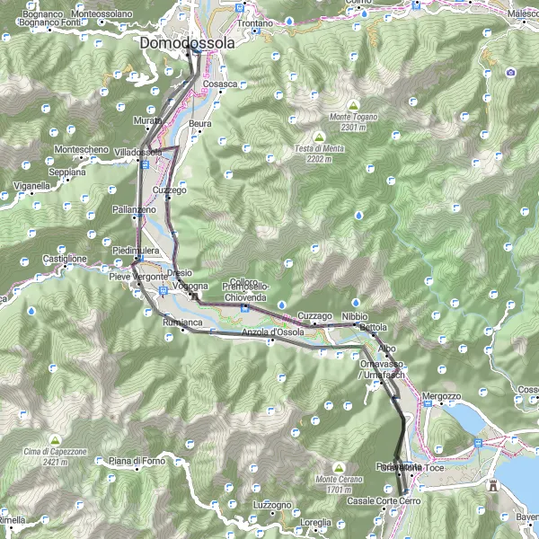 Miniature de la carte de l'inspiration cycliste "Boucle cycliste pittoresque à partir de Domodossola" dans la Piemonte, Italy. Générée par le planificateur d'itinéraire cycliste Tarmacs.app