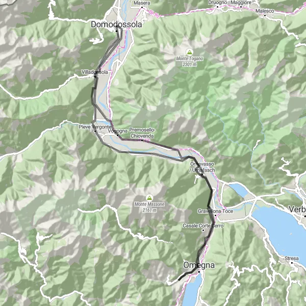 Miniatua del mapa de inspiración ciclista "Ruta de Ciclismo de Carretera a Omegna y Piedimulera" en Piemonte, Italy. Generado por Tarmacs.app planificador de rutas ciclistas
