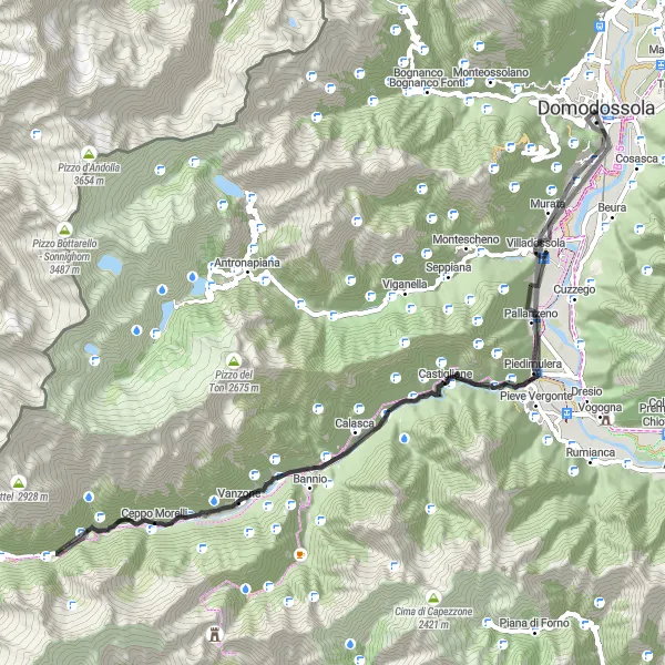 Map miniature of "Challenging Road Ride Through Piedimulera and Bannio" cycling inspiration in Piemonte, Italy. Generated by Tarmacs.app cycling route planner