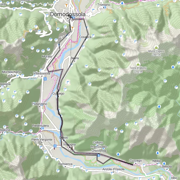 Map miniature of "Domodossola Loop" cycling inspiration in Piemonte, Italy. Generated by Tarmacs.app cycling route planner