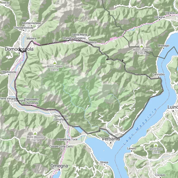 Map miniature of "Melezzo Meander" cycling inspiration in Piemonte, Italy. Generated by Tarmacs.app cycling route planner