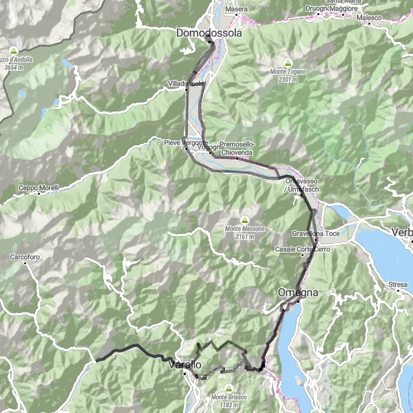 Zemljevid v pomanjšavi "Uživajte v razgibani kolesarski avanturi do Anzole d'Ossola" kolesarske inspiracije v Piemonte, Italy. Generirano z načrtovalcem kolesarskih poti Tarmacs.app