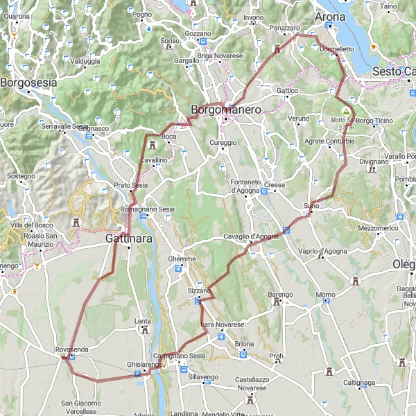 Map miniature of "Gravel Cycling Exploration: Dormelletto and Beyond" cycling inspiration in Piemonte, Italy. Generated by Tarmacs.app cycling route planner