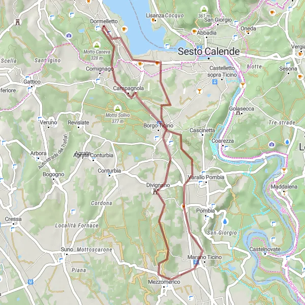 Map miniature of "Gravel Cycling around Dormelletto" cycling inspiration in Piemonte, Italy. Generated by Tarmacs.app cycling route planner