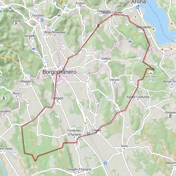 Map miniature of "Gravel Adventure: Motto Solivo and Fontaneto d'Agogna Loop" cycling inspiration in Piemonte, Italy. Generated by Tarmacs.app cycling route planner