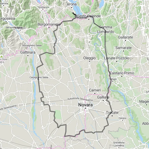 Map miniature of "Road Cycling Adventure: Dormelletto to Fontaneto d'Agogna" cycling inspiration in Piemonte, Italy. Generated by Tarmacs.app cycling route planner