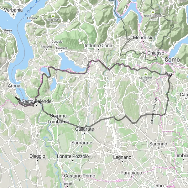 Map miniature of "Classic Road Ride: Dormelletto to Gallarate" cycling inspiration in Piemonte, Italy. Generated by Tarmacs.app cycling route planner