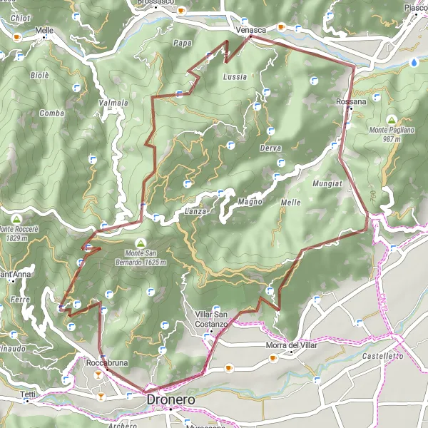 Miniatua del mapa de inspiración ciclista "Ruta de aventura por Borgata Centro y Villar San Costanzo" en Piemonte, Italy. Generado por Tarmacs.app planificador de rutas ciclistas