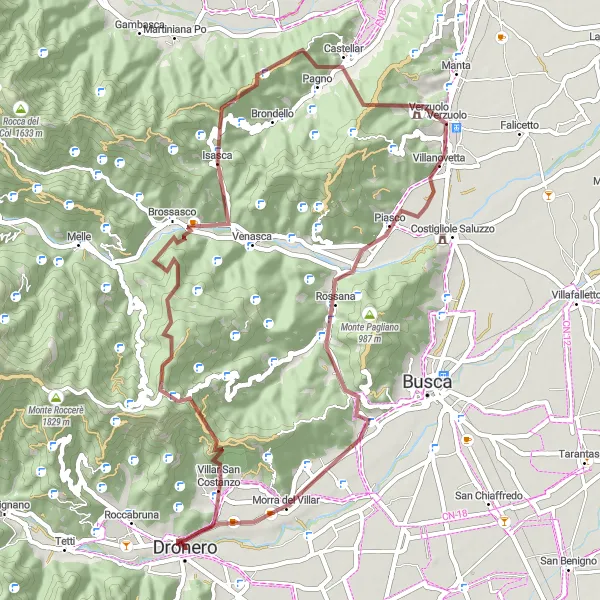 Miniatura della mappa di ispirazione al ciclismo "Giro in bicicletta gravel da Villar San Costanzo a Morra del Villar" nella regione di Piemonte, Italy. Generata da Tarmacs.app, pianificatore di rotte ciclistiche