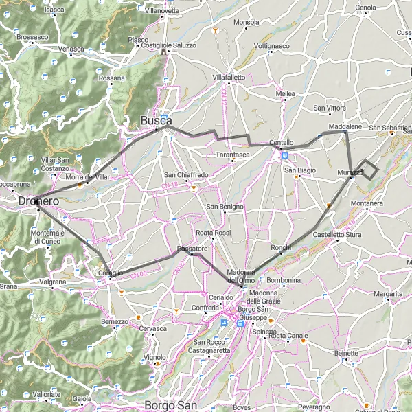 Mapa miniatúra "Okruh Dronero - Morra del Villar - Centallo - Murazzo - Passatore" cyklistická inšpirácia v Piemonte, Italy. Vygenerované cyklistickým plánovačom trás Tarmacs.app