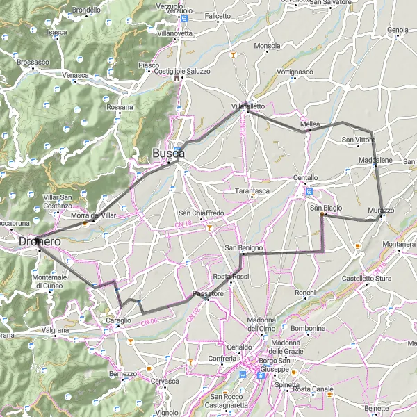 Zemljevid v pomanjšavi "Kolesarska pot do Morra del Villar" kolesarske inspiracije v Piemonte, Italy. Generirano z načrtovalcem kolesarskih poti Tarmacs.app