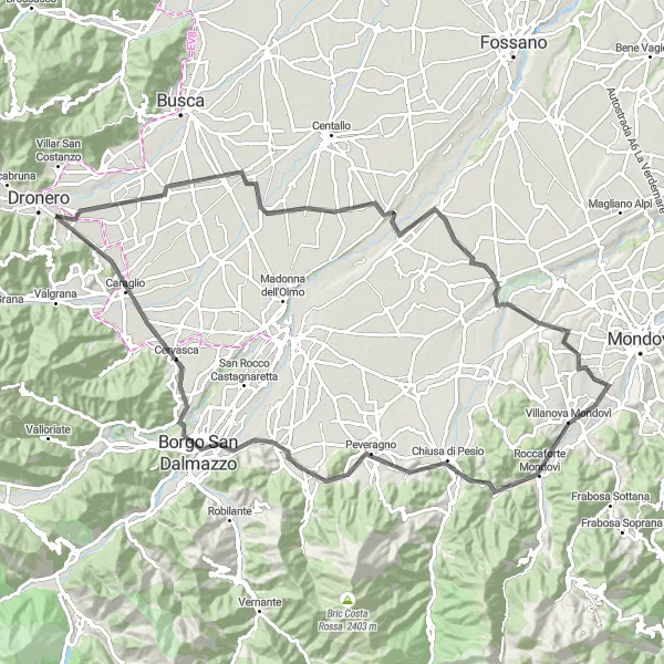 Kartminiatyr av "Historisk rundtur till Villanova Mondovì och Rivoira" cykelinspiration i Piemonte, Italy. Genererad av Tarmacs.app cykelruttplanerare