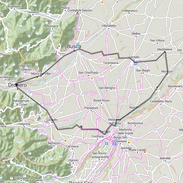 Map miniature of "Busca and Ronchi Loop" cycling inspiration in Piemonte, Italy. Generated by Tarmacs.app cycling route planner