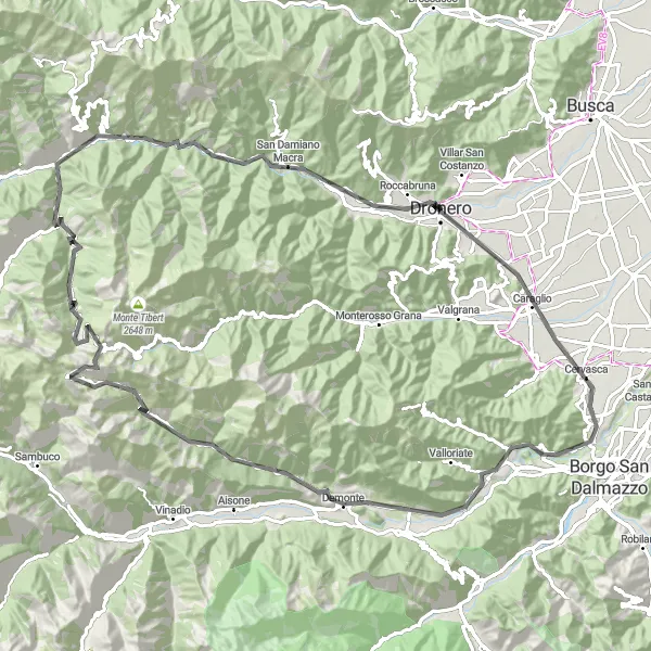 Miniature de la carte de l'inspiration cycliste "Le grand tour vallonné de Piémont" dans la Piemonte, Italy. Générée par le planificateur d'itinéraire cycliste Tarmacs.app
