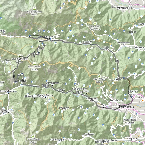 Miniatua del mapa de inspiración ciclista "Ruta por las colinas de Dronero y alrededores" en Piemonte, Italy. Generado por Tarmacs.app planificador de rutas ciclistas