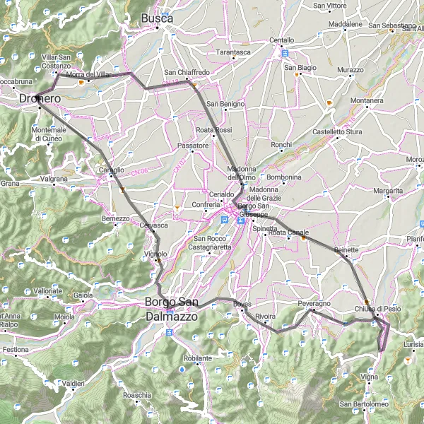 Miniatura della mappa di ispirazione al ciclismo "Giro in bicicletta da Dronero a Caraglio attraverso Cuneo e Chiusa di Pesio" nella regione di Piemonte, Italy. Generata da Tarmacs.app, pianificatore di rotte ciclistiche