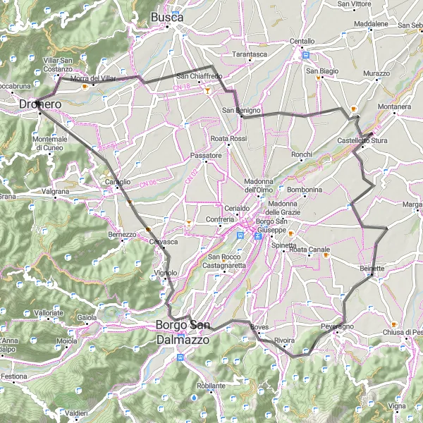 Mapa miniatúra "Cestovanie z Morra del Villar do Cervasca" cyklistická inšpirácia v Piemonte, Italy. Vygenerované cyklistickým plánovačom trás Tarmacs.app