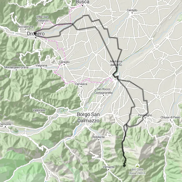 Kartminiatyr av "Morra del Villar - Roata Canale Road Trip" sykkelinspirasjon i Piemonte, Italy. Generert av Tarmacs.app sykkelrutoplanlegger
