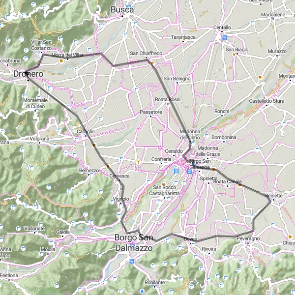 Mapa miniatúra "Cyklotrasa okolo Dronera" cyklistická inšpirácia v Piemonte, Italy. Vygenerované cyklistickým plánovačom trás Tarmacs.app