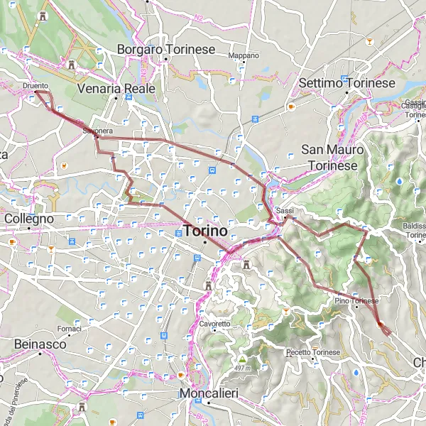 Miniaturní mapa "Gravel Druento - Pino Torinese Circuit" inspirace pro cyklisty v oblasti Piemonte, Italy. Vytvořeno pomocí plánovače tras Tarmacs.app