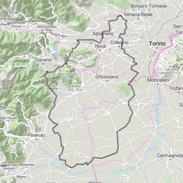 Miniature de la carte de l'inspiration cycliste "Les Collines de Turin et Cuneo" dans la Piemonte, Italy. Générée par le planificateur d'itinéraire cycliste Tarmacs.app