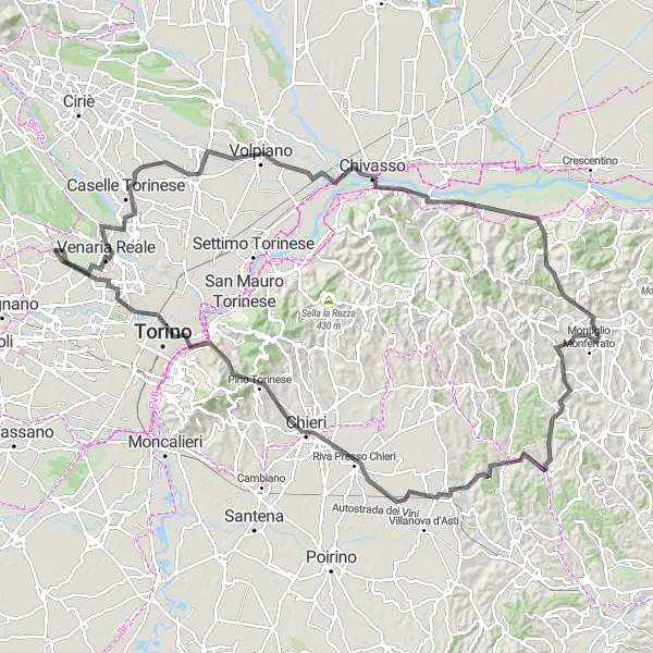 Miniatua del mapa de inspiración ciclista "Ruta de Ciclismo de Carretera a Druento y Chivasso" en Piemonte, Italy. Generado por Tarmacs.app planificador de rutas ciclistas
