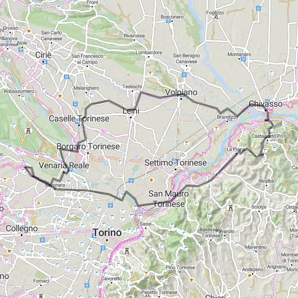 Map miniature of "Torinese Loop via Gassino Torinese" cycling inspiration in Piemonte, Italy. Generated by Tarmacs.app cycling route planner