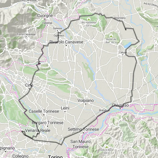 Miniatuurkaart van de fietsinspiratie "Schitterende panoramische route rond Druento" in Piemonte, Italy. Gemaakt door de Tarmacs.app fietsrouteplanner