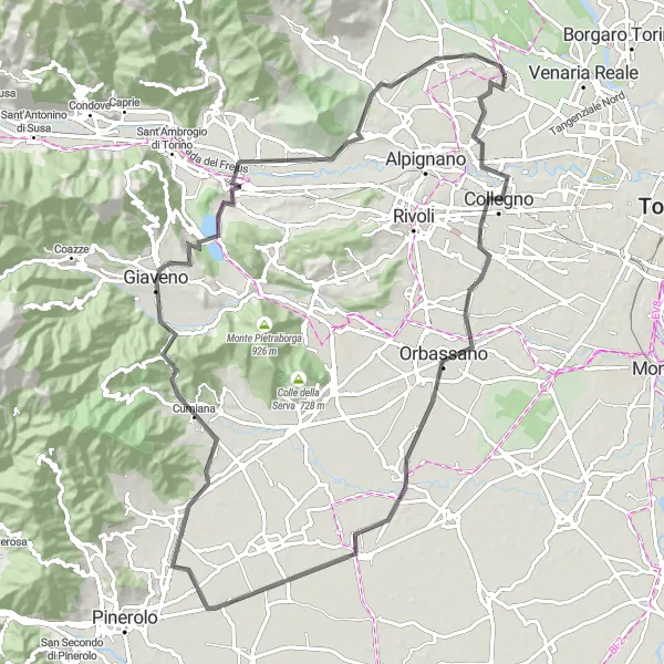 Miniatua del mapa de inspiración ciclista "Ruta de Carretera por Orbassano y Rocce Rosse" en Piemonte, Italy. Generado por Tarmacs.app planificador de rutas ciclistas