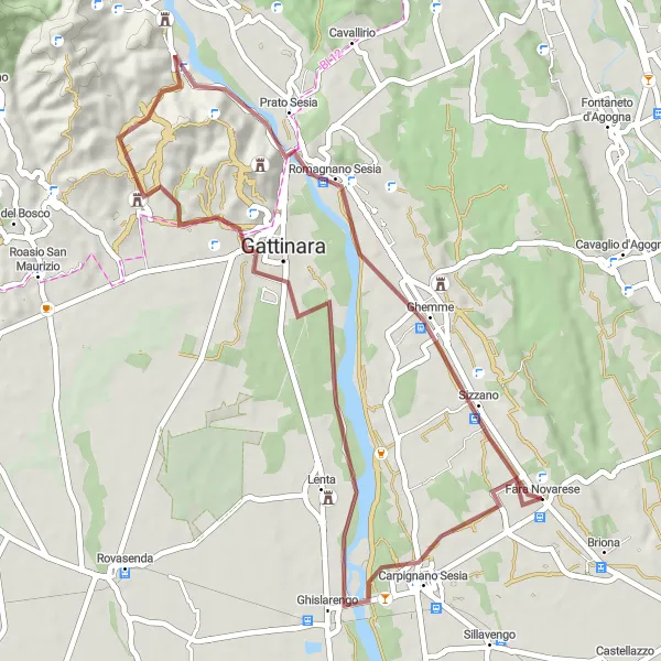Mapa miniatúra "Gravelový okruh cez Carpignano Sesia a Ghemme" cyklistická inšpirácia v Piemonte, Italy. Vygenerované cyklistickým plánovačom trás Tarmacs.app