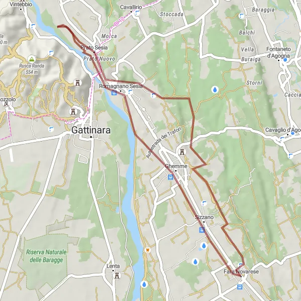 Karttaminiaatyyri "Gravel-seikkailu Prato Sesian läpi" pyöräilyinspiraatiosta alueella Piemonte, Italy. Luotu Tarmacs.app pyöräilyreittisuunnittelijalla