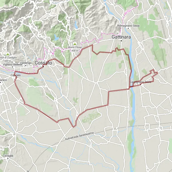 Miniatua del mapa de inspiración ciclista "Desafío en grava por Ghislarengo y Carpignano Sesia" en Piemonte, Italy. Generado por Tarmacs.app planificador de rutas ciclistas