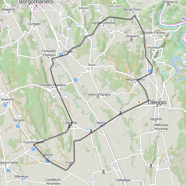 Map miniature of "Road Cycling: Barengo to Castelletto di Momo" cycling inspiration in Piemonte, Italy. Generated by Tarmacs.app cycling route planner