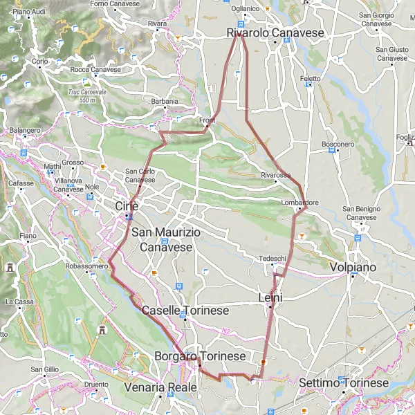 Miniatuurkaart van de fietsinspiratie "Gravelavontuur door Leini en Vauda Canavese" in Piemonte, Italy. Gemaakt door de Tarmacs.app fietsrouteplanner