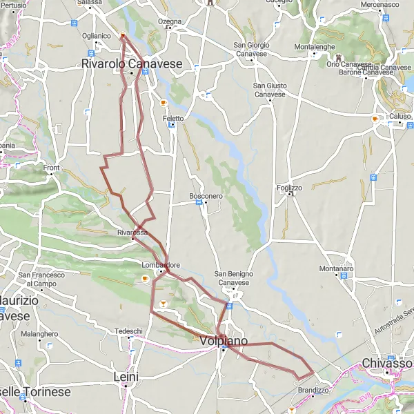 Zemljevid v pomanjšavi "Pustolovščina po Lombardore in Volpianu - 55 km" kolesarske inspiracije v Piemonte, Italy. Generirano z načrtovalcem kolesarskih poti Tarmacs.app