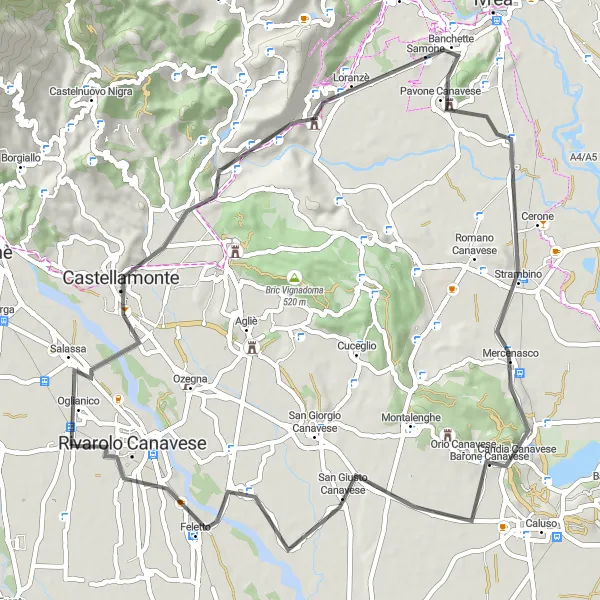 Kartminiatyr av "Bakkete tur til Castellamonte og Feletto" sykkelinspirasjon i Piemonte, Italy. Generert av Tarmacs.app sykkelrutoplanlegger