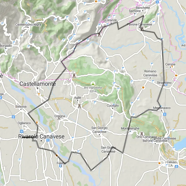 Miniatura della mappa di ispirazione al ciclismo "Giro in bicicletta tra Baldissero Canavese e Lusigliè" nella regione di Piemonte, Italy. Generata da Tarmacs.app, pianificatore di rotte ciclistiche