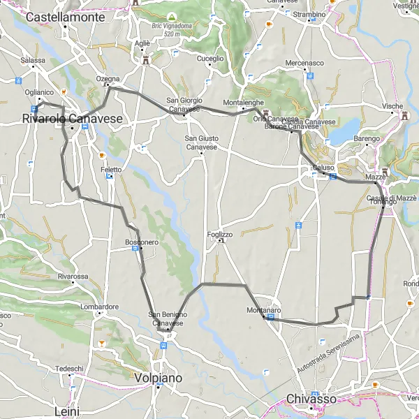 Miniatua del mapa de inspiración ciclista "Ruta Escapada a Mazzè" en Piemonte, Italy. Generado por Tarmacs.app planificador de rutas ciclistas