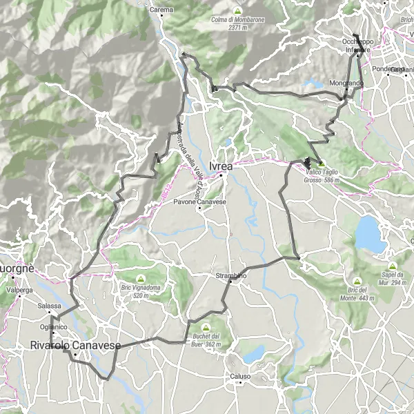 Miniatua del mapa de inspiración ciclista "Ruta de las Colinas de Ivrea" en Piemonte, Italy. Generado por Tarmacs.app planificador de rutas ciclistas