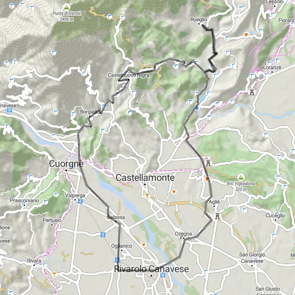 Kartminiatyr av "Favria til Bric Carleva Road Cycling" sykkelinspirasjon i Piemonte, Italy. Generert av Tarmacs.app sykkelrutoplanlegger