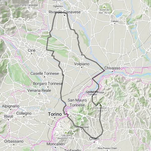 Karten-Miniaturansicht der Radinspiration "Roadtrip durch Rivarolo Canavese, Bosconero und Castiglione Torinese" in Piemonte, Italy. Erstellt vom Tarmacs.app-Routenplaner für Radtouren